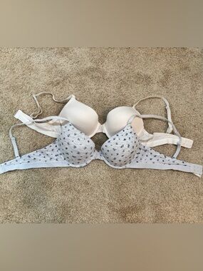 Laura Ashley Light Gray / Blue Floral Printed and Cream Push-up Bras - 2 Pack